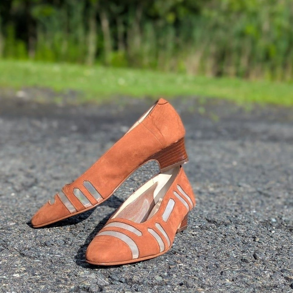 Quiet Luxury‎ Italian Leather Mesh Block Heel Pumps EU 37 Gabri Made in Ital